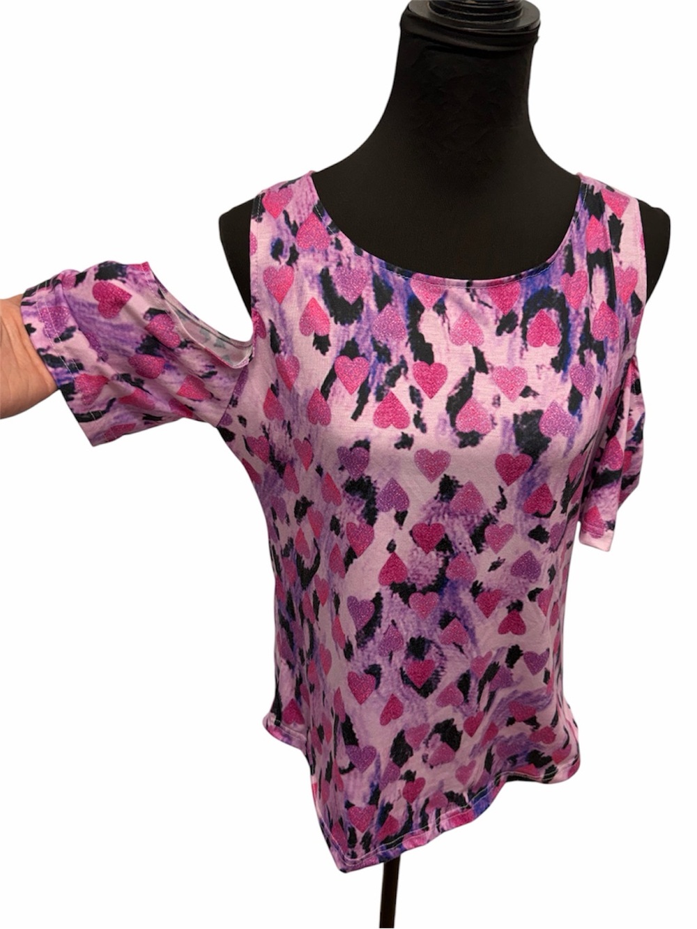 Unbranded Pink Purple Heart Print Cold Shoulder Top Y2K Casual